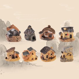 8 Pack Miniature Stone Cottage, Resin Village House Fairy Garden Kits, Mini Cottage House DIY Outdoor Decorations, Plant Pot Micro Land