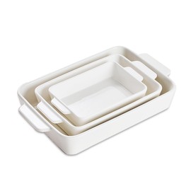 Ceramic Bakeware Set, Rectangular Porcelain Baking Dishes for Kitchen, Lasagna Pans with Handle for Cooking, Baking Pan Deep Bakeware for Baking, Set of 3 White