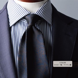 Y&TAILOR Premium Silk Necktie, 100% Paisley, Small Pattern, Woven Pattern, Series, Stylish, Brand, Made in Japan, Paisley/Navy x Brown pattern