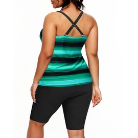 Tankini de talla grande con pantalones cortos, traje de baño de dos piezas para mujer, parte superior con control de abdomen y bolsillos, Raya verde, 16 Plus