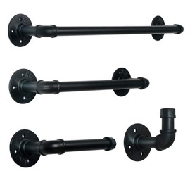 HouseAid 4-Pieces Industrial Pipe Towel Holder Set, Rustic Steel Towel Rack Kit, Farmhouse Vintage Style Towel Bar Accessories for Bathroom, Wall Mounted, Matte Black