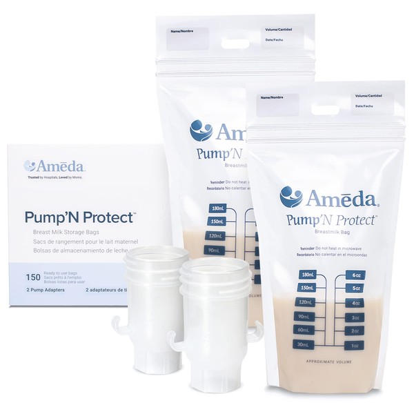 Ameda Pump'N Protect Breastmilk Storage Bag 6oz, 150pc, Baby Essentials, Breastfeeding Supplies, Resealable Breast Milk Storage Bags for Refrigerator or Freezer, BPA Free, Includes 2 Bag Adapters