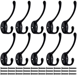 Beilala 10 Pack Double Coat Hooks for Wall Door with Screws Black Antique Robe Hooks for Clothes, Hat, Scarf, Bag, Towel, Key, Cup, Cap