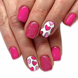 Valentines Press on Nails Short Square Fake Nails With Red Heart Designs Pink False Nails Glitter Full Cover Stick on Nails Acrylic Romantic Artificial Nails for Women 24 Pcs