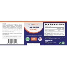 Vitamatic Caffeine Pills 200mg per Serving, 250 Vegetarian Tablets - 2 Pack