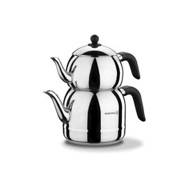 Korkmaz 18/10 Ci/Ni Stainless Steel Retro Teapot Set, Black Handles, Top Pot 1.1 Lt, Bottom Kettle 2.5 Lt