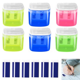 YIZWINS Pencil Sharpener with Container, 6 Pieces Colourful Sharpener with Tin and 6 White Plastic Erasers, Pencil Sharpener for Children, Students, School, Home, Office, Pencil Sharpener Accessories