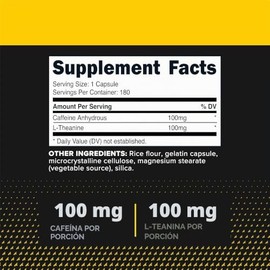 PrimaForce Cafeína con L-teanina - 100 mg - 180 cápsulas - 180 porciones, Sin OMG - Sin soja - Sin gluten
