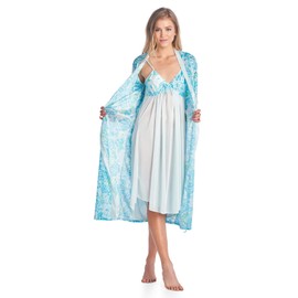 Casual Nights Women's Satin 2 Piece Robe and Nightgown Set, Floral Green, XX-Large