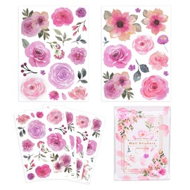 Tittaty 60 Pcs Flower Stick Wall Decals Watercolor Leaves Wall Stickers Flower Decor for Girls Bedroom Computer Lockers Living Room, 4 Sheets