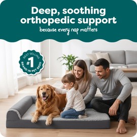 Furhaven Orthopedic Dog Bed for Large Dogs w/ Removable Bolsters & Washable Cover, For Dogs Up to 95 lbs - Two-Tone Plush Faux Fur & Suede L Shaped Chaise - Stone Gray, Jumbo/XL