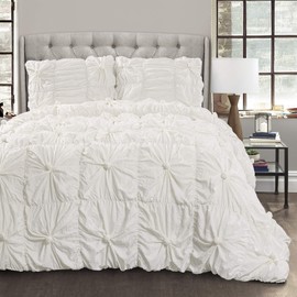 Lush Decor Bella Comforter Set Vintage Chic Style Ruched 3 Piece Bedding with Pillow Shams-King-White