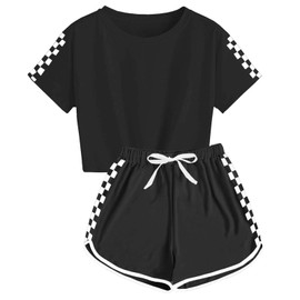 BOVOSHA Girls Summer Clothes Kids Outfit Short Sleeve Crop Top ＋ Plaid Shorts Set Kids Sports Tracksuit (Black, 7-8 Years)