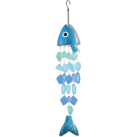 Sunset Vista Designs Windchimes - Powder Coated Metal & Sea Glass Fish Wind Chime, 27" Long, Blue-Fish