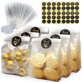 100PCS Translucent Plastic Bags Cellophane Bags Cookie Bags Cellophane Treat Bags Plastic Pastry Bags Clear Storage Bags Kitchen Baking Bags with Labels for Wedding Gift Chrismas Party Favor