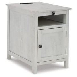Signature Design by Ashley Treytown Casual Compact Chairside End Table with a Storage Cabinet, Open Cubby Shelf, Pull-Out Tray & USB Charging Ports, Whitewash