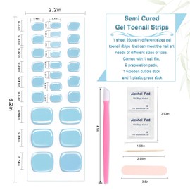 XEAOHESY 26pcs Semi Cured Gel Toe Nail Strips, Pedicure Nail Strips, Toe Nail Stickers, Needs to Be Cured, Come With Nail File, Wood Cuticle Stick, Prep Pads, Plastic Press Stick（Blue）