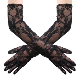 zeasciosd Women's Long Lace Floral Gloves Sheer Mesh Tulle Gloves Elbow Length Wedding Evening Opera Party Costume Gloves Black