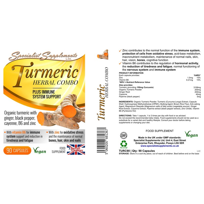 Specialist Supplements Turmeric Herbal Combo Plus Immune System Support 90