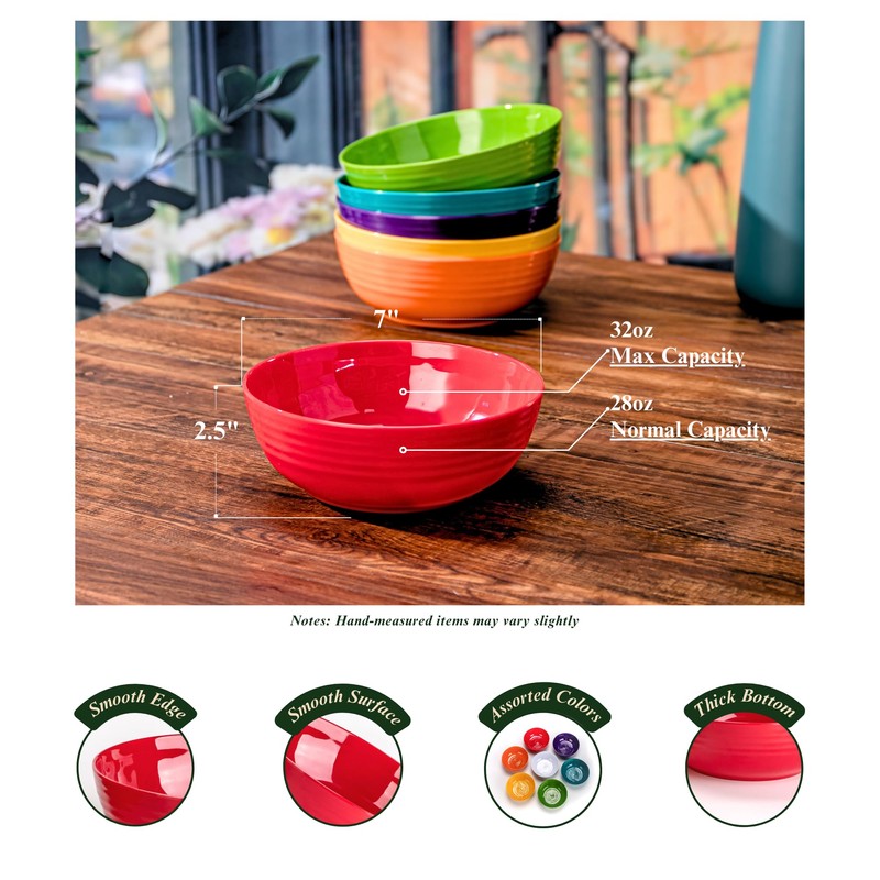 MIYOPESI 7-Inch Multicolor Melamine Bowls (Set of 6) - Unbreakable