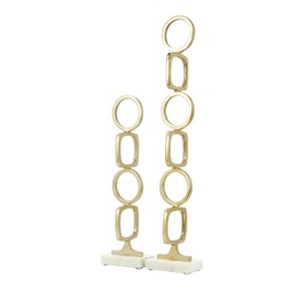 Deco 79 Aluminum Metal Abstract Decorative Sculpture Stacked Geometric Rings Home Decor Statues with White Marble Bases, Set of 2 Accent Figurines 28", 19"H, Gold