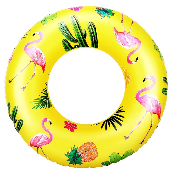 HeySplash Cartoon Swim Ring, Inflatable Durable Round Shaped Flamingo Summer Pool Beach Party Swimming Float Tube, Water Fun Swim Pool Toys with Repair Patch for Kids Adults, 90cm Diameter - Yellow