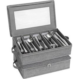Lifewit - Caja de almacenamiento de cubiertos cubiertos con tapa de cierre, 5 compartimentos para cubiertos con divisor y mango ajustable, contenedor de utensilios para cuchillos de cuchara tenedor