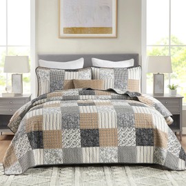CozyStitch Plaid King Quilt - 100% Cotton King Comforter Set, Vintage Flower King Quilt Bedding Set, Lightweight Soft Quilted Bedspread, Brown/Gray