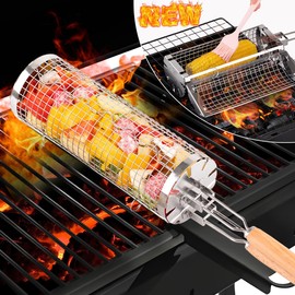 AZEEBOI Rolling Grilling Baskets (2024), Double-Handle Flip Grill Cylinders, BBQ Accessories for Vegetables, Outdoor Barbecue Cooking Camping Tools, Christmas Birthday Gifts for Men Dad Husband
