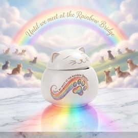 Cat Urn for Ashes, 3 Inch Ceramic Pet Memorial Urn with Sleeping Cat and Rainbow Bridge Design, Cat Shaped Lid Keepsake Funeral Urn (Rainbow Bridge)