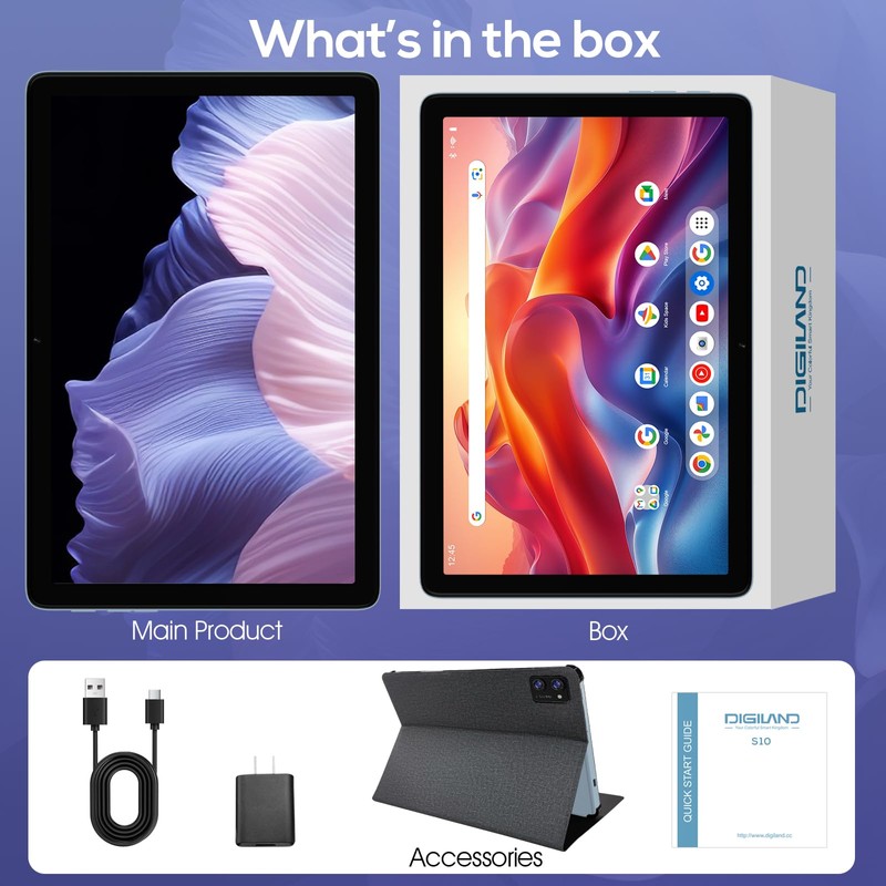 DigiLand Android Tablet, 10.1" Android 14 Tablets with Octa-Core, 6000mAh