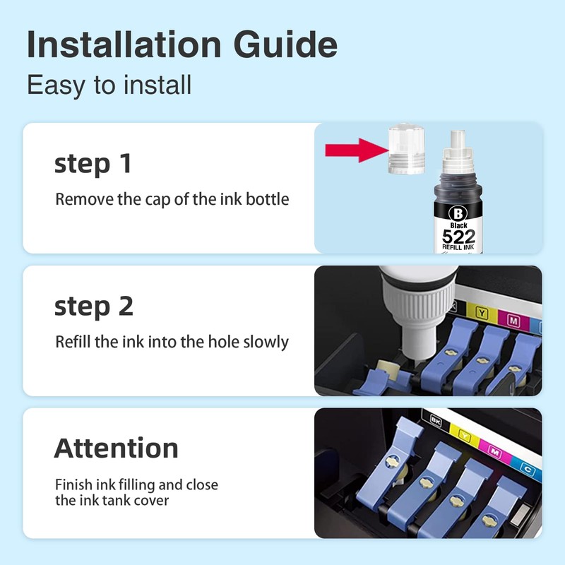 522 Ink Refill Bottles High Capacity Replacement for Epson 522