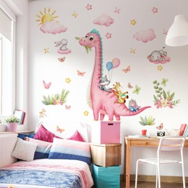 Pink Dinosaur Wall Decals Girls Room Pink Cartoon Animals Wall Stickers Peel and Stick Wall Art for Kids Bedroom Living Room Nursery Playroom Classroom Wall Decor