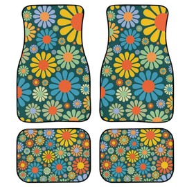 Mumeson Abstract Hippie Flower Car Front & Rear Car Floor Mat 4 Piece Set Universal Fit Non Slip Cars Foot Mats for Womens Teen Girls Heavy Duty Durable Car Interior Floor Carpets
