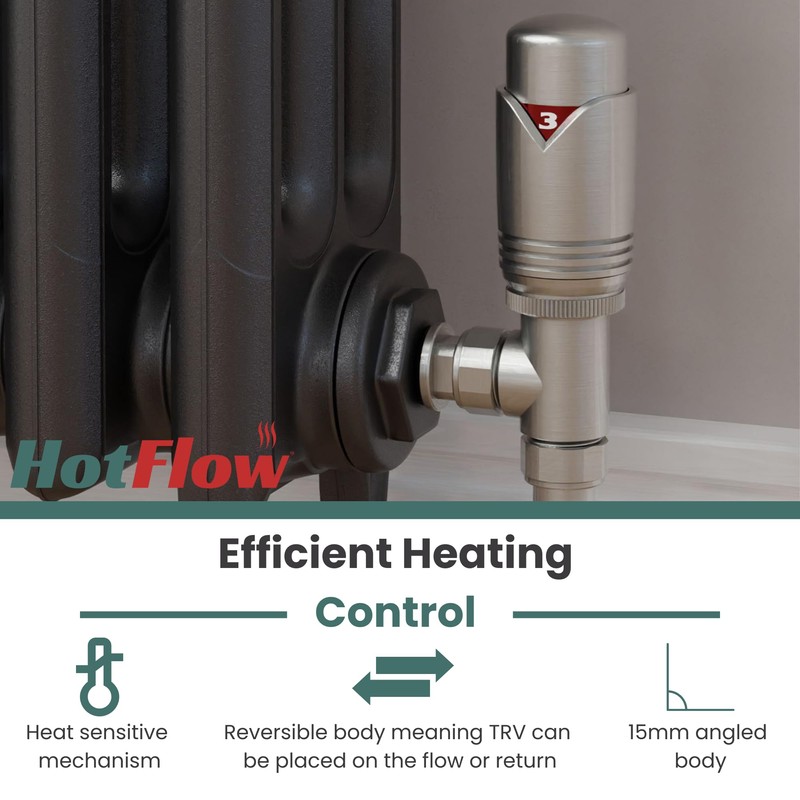 Hot Flow Satin Nickel Marella Modern Thermostatic Radiator Valve Angled