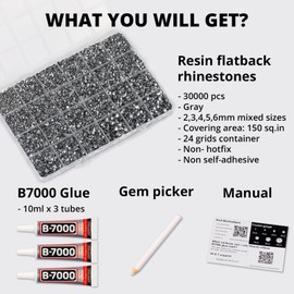 30000Pcs Resin Rhinestones Set for Crafting Bedazzling, Grey Flatback Gems Jewels for Crafts Clothes Shoes Fabric Outfit Nails Makeup, Gray Flat Back Crystal 2-6mm with b 7000 Glue