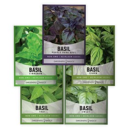 Gardeners Basics, Basil Seeds for Planting Home Garden Herbs - 5 Variety Herb Pack Thai, Lemon, Cinnamon, Sweet and Dark Opal Basil Seeds Herb Seeds for Indoors, Outdoors, Hydroponics & Aquaponic