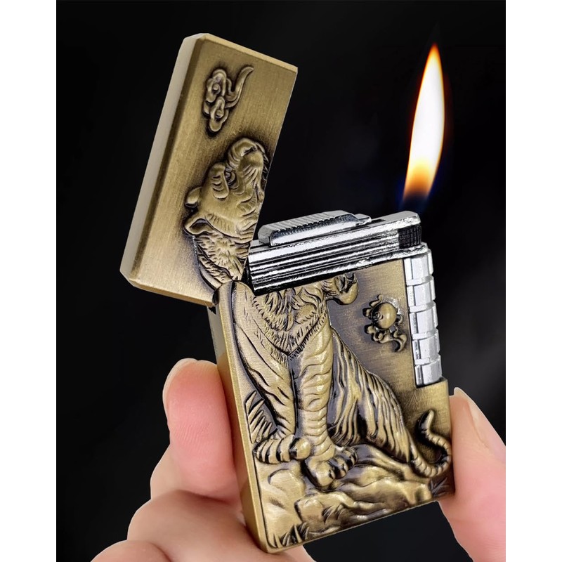 Soft Flame Lighter, Unique Engraved Tiger Eagle Metal Wheel Lighter，Refillable