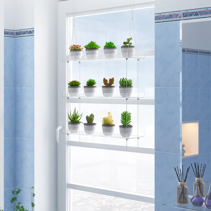 3-Tier Clear Hanging Window Plant Shelves 16In, Height Adjustable Acrylic