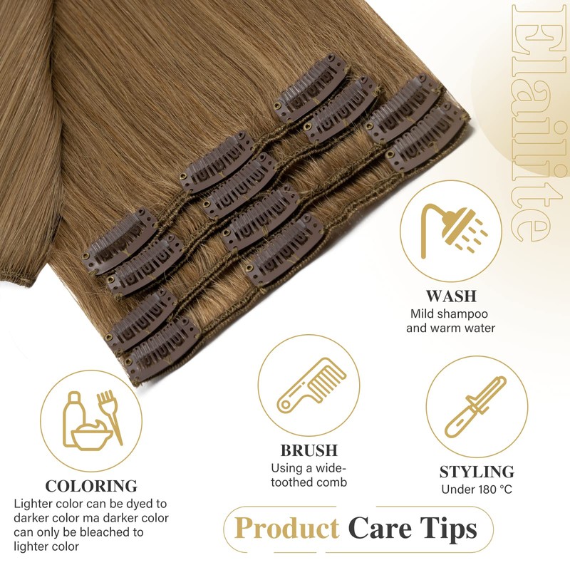 Clip-in real hair extensions, 8 pieces, 18 clips, 100% human