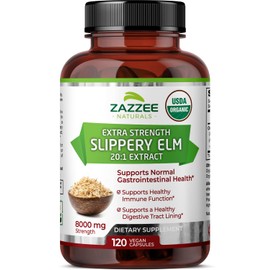 Zazzee USDA Organic Slippery Elm Bark 20:1 Extract, 8000 mg Strength, 120 Vegan Capsules, 4 Month Supply, Standardized, Concentrated 20X Extract, 100% Vegetarian, All-Natural, Non-GMO, Made in the USA