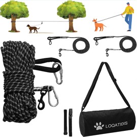 LOQATIDIS 3 in 1 Multifunction Dogs Tie Out Leash, 50ft 100ft Portable Overhead Trolley System, Durable Pull Resistant Pet Dog Reflective Training Rope, High Qulity Large Capacity Shoulder Bag