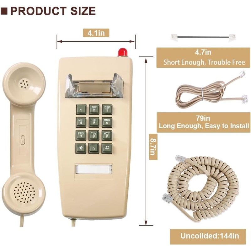Traditional Wall Phone Metal Bell,Classic 2554 Wall Telephone (Hearing Aid