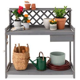Best Choice Products Outdoor Garden Potting Bench, Wooden Workstation Table w/Cabinet Drawer, Open Shelf, Lower Storage, Lattice Back - Gray
