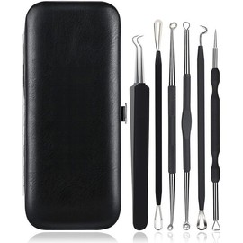 Blackhead Remover Tool Comedones Extractor  Kit for Blemish, Whitehead Popping, 6 Pcs Zit Removing for Nose Face Tools with a Leather Bag - Color: Black
