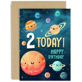 Old English Co. Second Birthday Card for Boys and Girls - Happy 2nd Birthday - Age 2 - Two Years Old - Cute Space Planets Themed Birthday Card for Daughter, Son, Grandaughter, Grandson