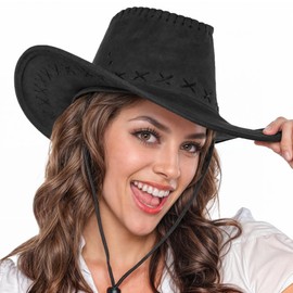 Black Leather Cowboy Hat for Men and Women – Unisex Adult Texan Cowgirl Hat Fancy Dress Party Accessory