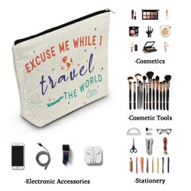 YULUENZE World Travel Makeup Bag Airplane Toiletry Organizer Zipper Pouch Excuse Me While I Travel The World Canvas Cosmetic Bag Present for Aviator Flight Attendants Aircraft commanders Women