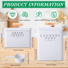 Yaocom 2 Pcs Laundry Pod Container with Dryer Sheet Holder for Laundry Room Farmhouse Detergent Storage Box with Lid Handle Metal Laundry Dryer Sheet Dispenser Laundry Room Organization Decor (White)