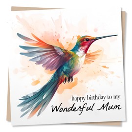 Happy Birthday Card for Mum - Beautiful Multicolour Hummingbird Design For Mother, Mom - Happy Birthday To My Wonderful Mum - From Son, Daughter - Made in UK